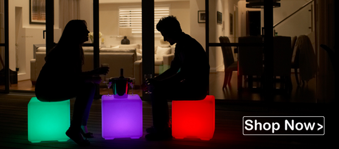 LED Glow Cubes that illuminate and can be used as seats or tables